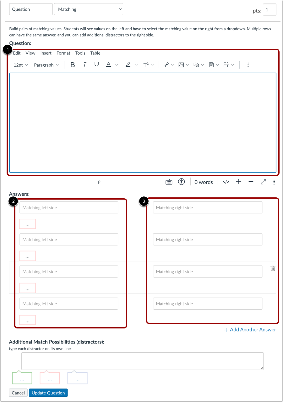 Enter Matching Question Details