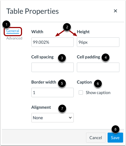 Edit General Table Properties