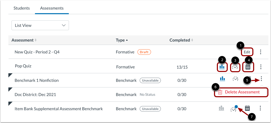 Manage Assessments in List View