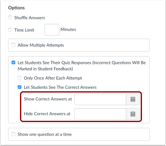 View Correct Answers in Quizzes