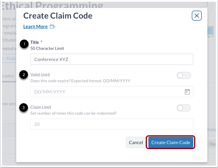 Creating a claim code