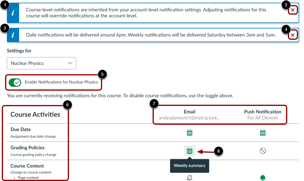 View Course Notification Settings