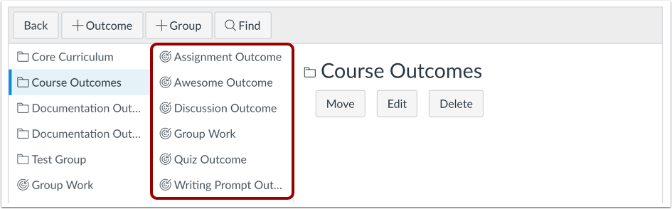 Select Outcome or Outcome Group