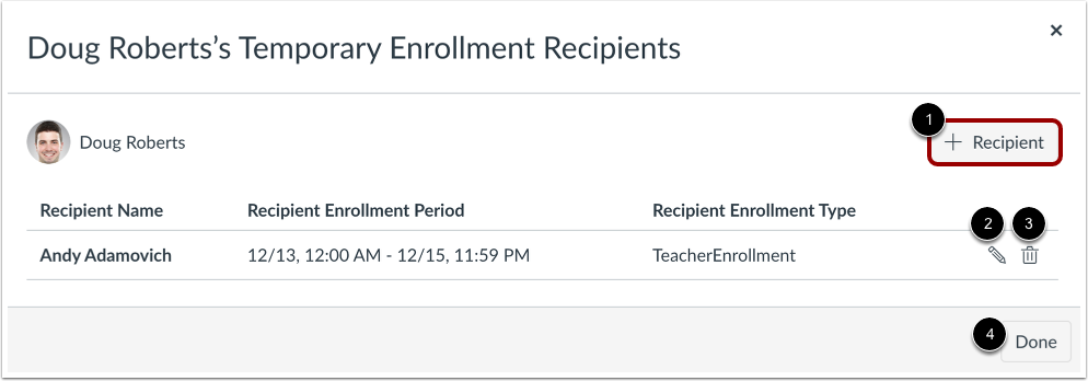 View User's Temporary Enrollments Recipients