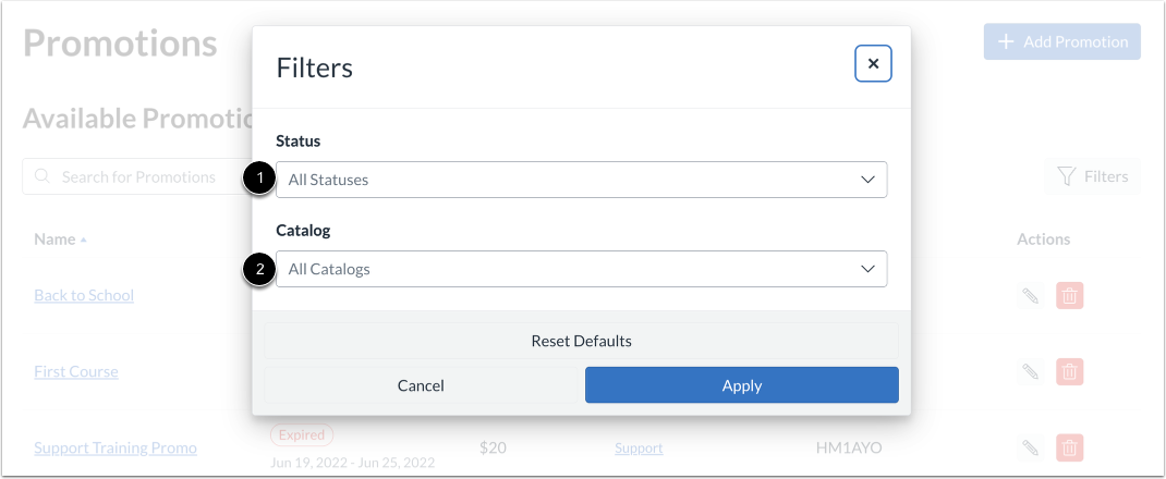 Filter Promotion Page Filter Options