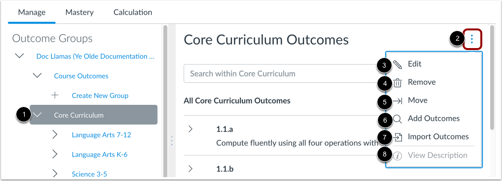 View Outcome Group Options