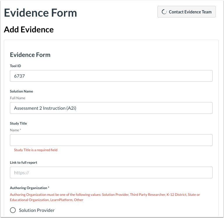 Complete Evidence Form