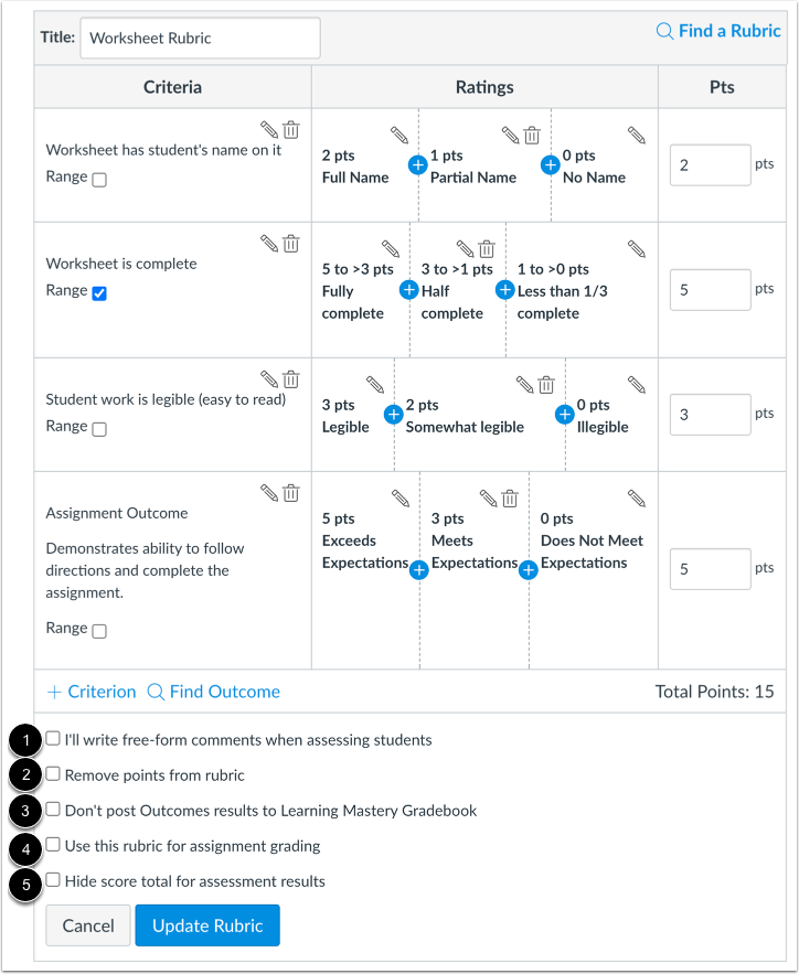 Select Rubric Settings