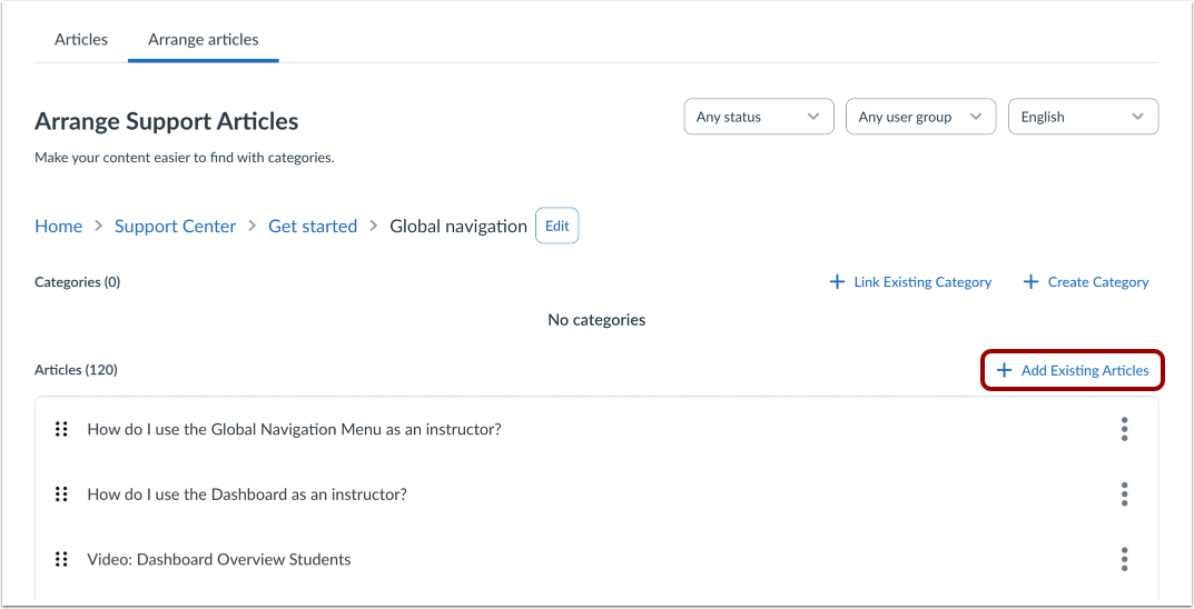 Add Existing Support Center Articles