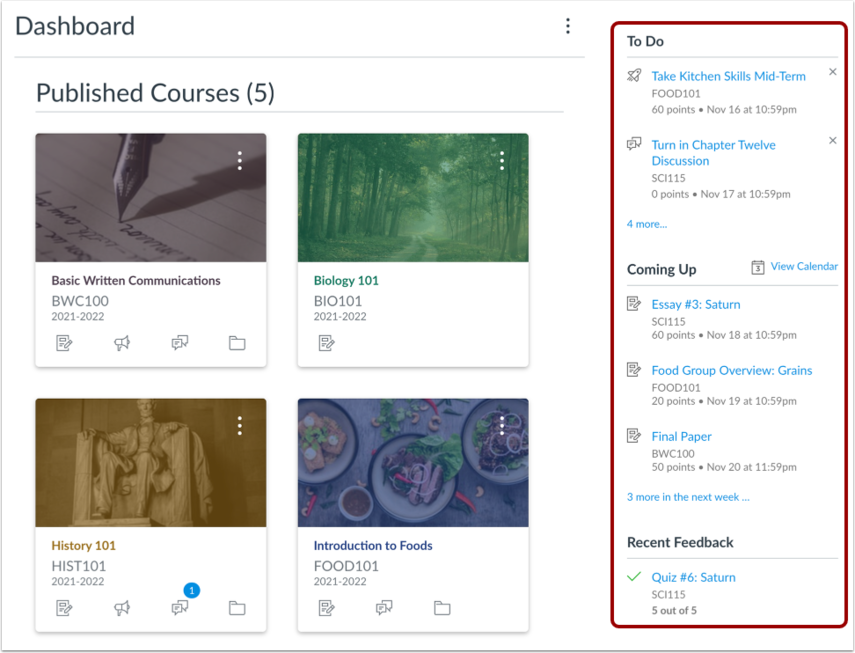 Canvas student desktop Dashboard with course cards, a To Do list, upcoming deadlines and recent feedback.
