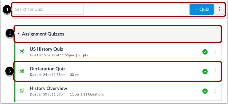 View Quizzes Index Page
