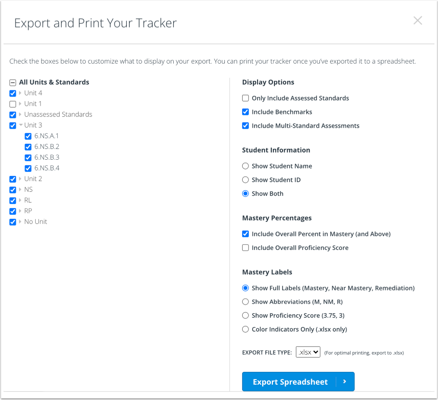 View Export Tracker Options