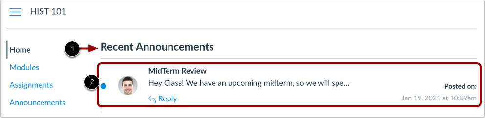 View Recent Announcements on Course Home Page