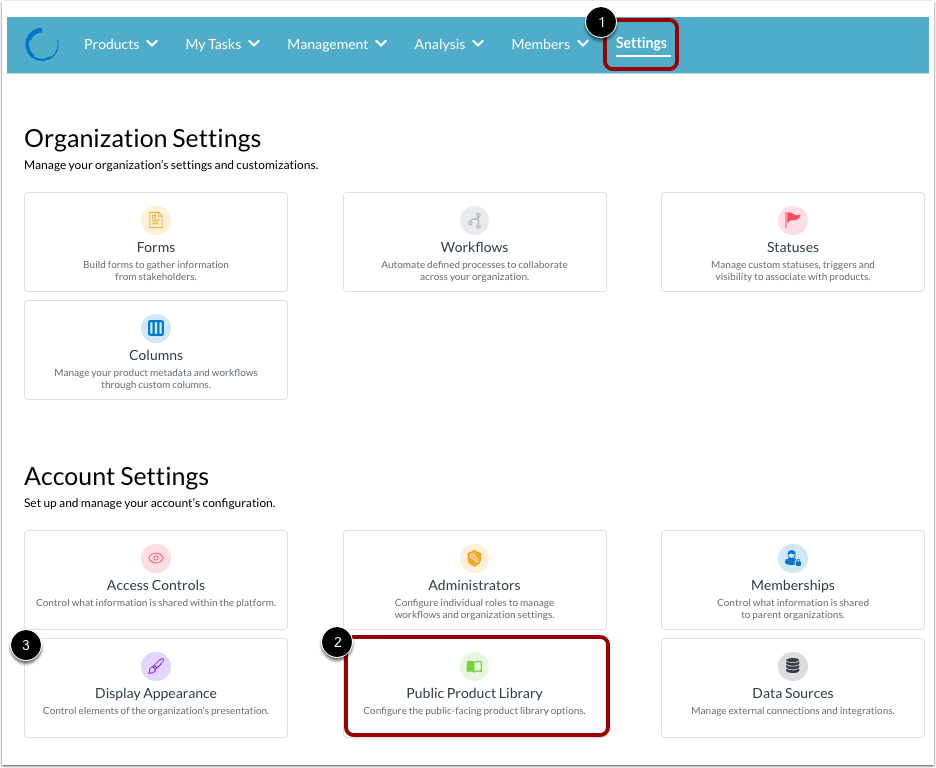 Open Public Product Library Settings