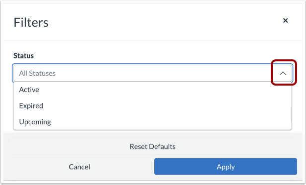 Filter Options by Status
