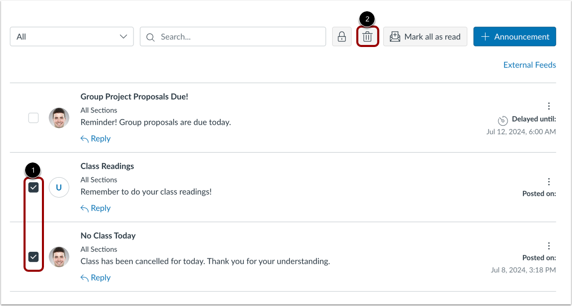 Delete Multiple Announcements