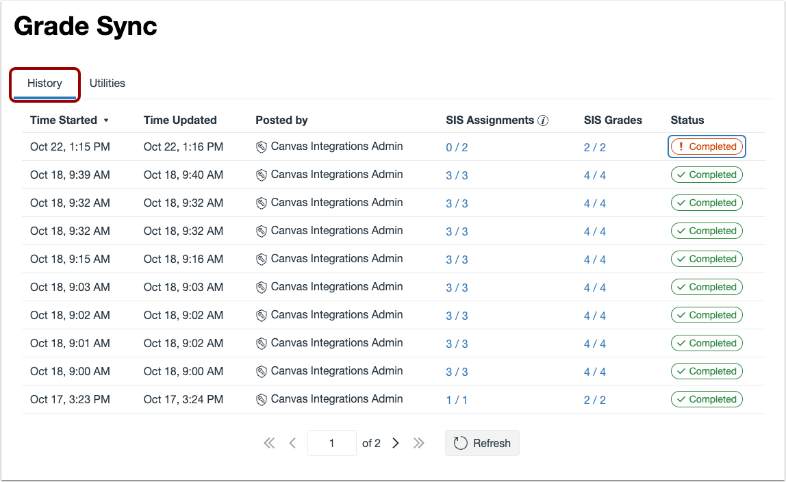 View Grade Sync History