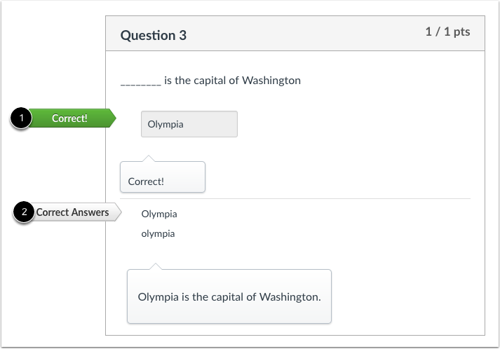Student View for Fill-in-the-Blank Feedback Correct Answer
