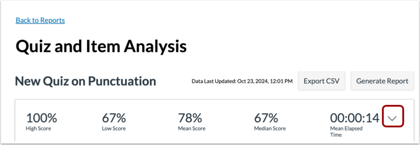 Quiz Analysis report with the Expand icon highlighted