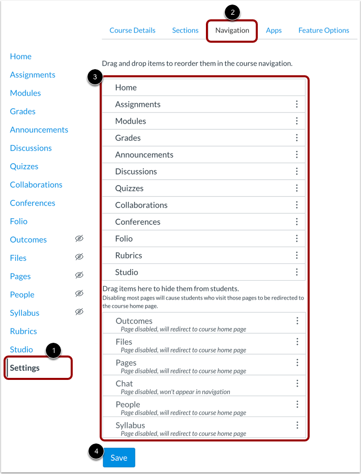 Review Course Navigation Settings
