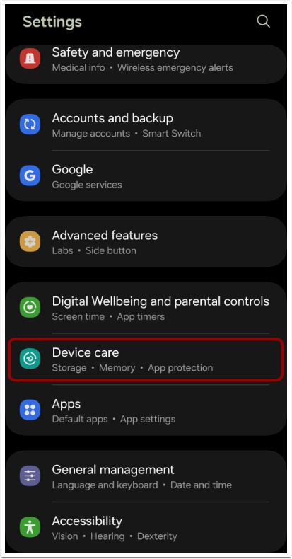 Open Device Care Settings