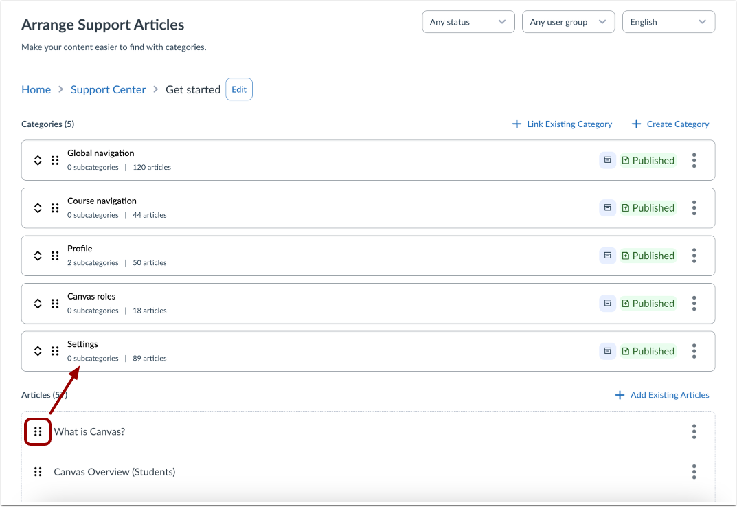 Drag and Drop Existing Articles