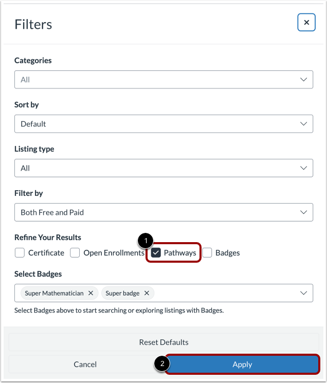 Filter Canvas Credentials Pathways