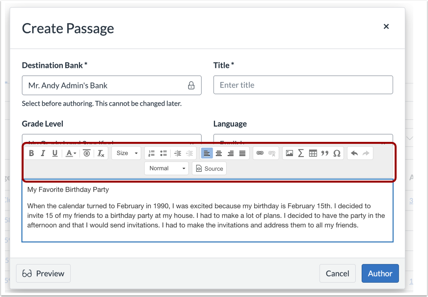 View Passage Content Editor