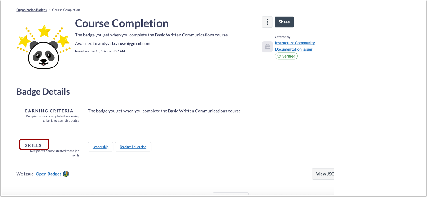 Viewing skills on the badge's public page