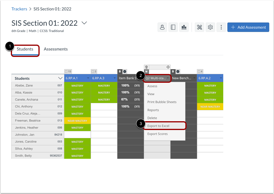 Export Multi-Standard Assessment Scores or Mastery