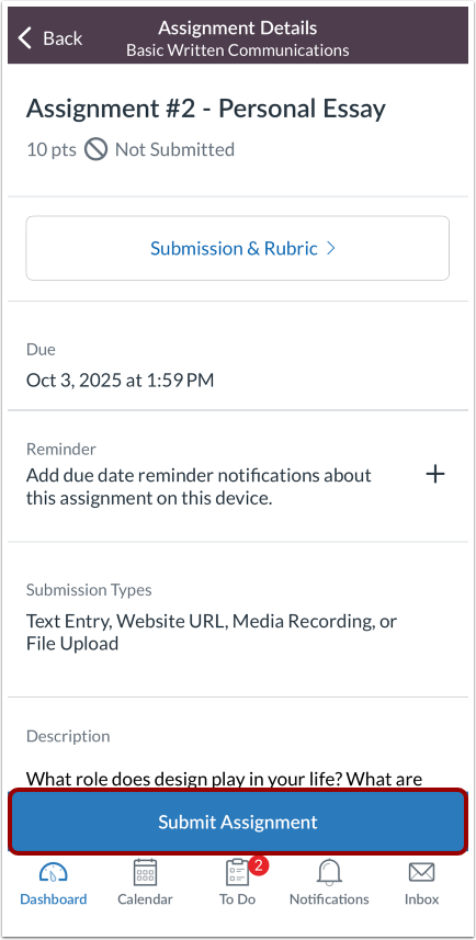 Submit from Assignment Details Page