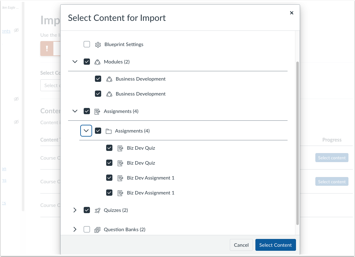 Select Content for import