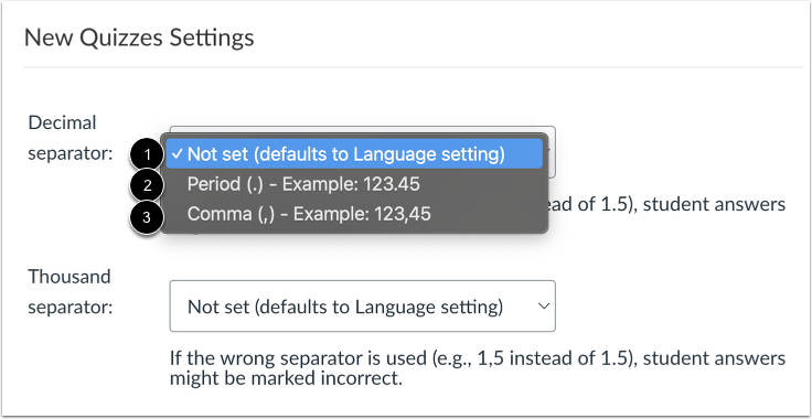 View New Quizzes Settings