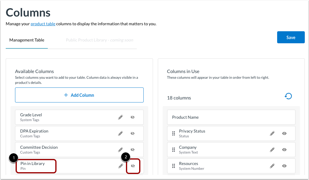 Use Pin in Library Column