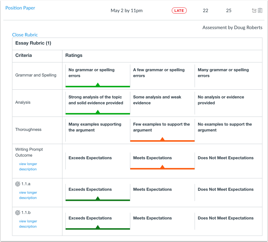 View Non-Scoring Rubric Results