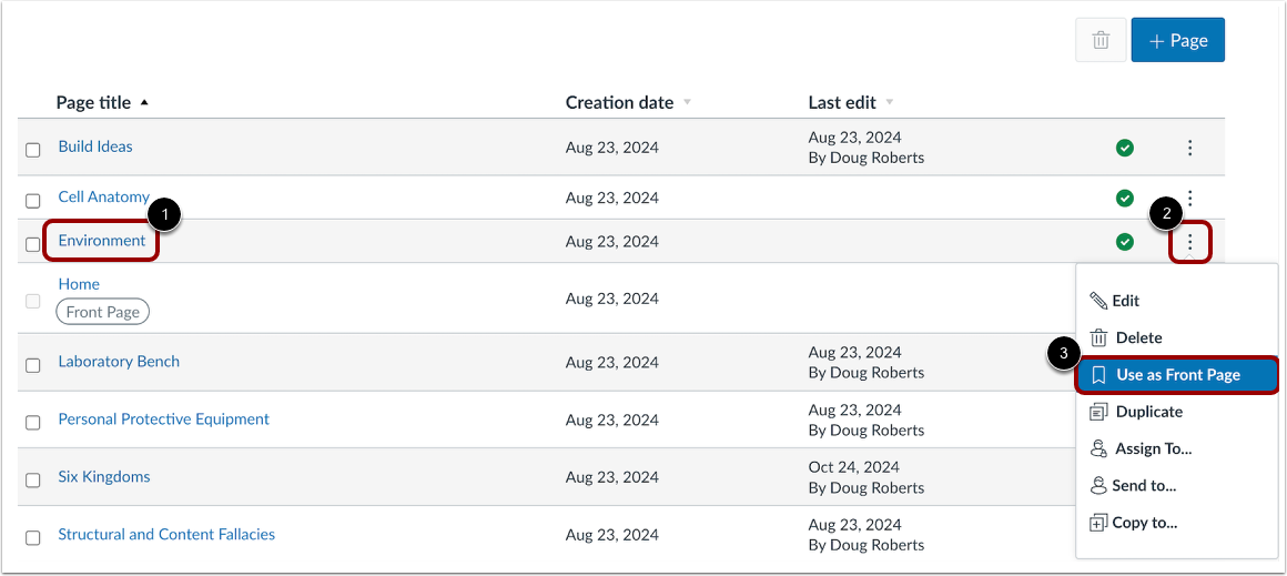 Set Front Page in Pages List