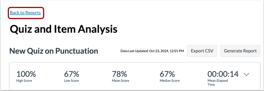 Quiz and Item Analysis report with the Back to Reports link highlighted