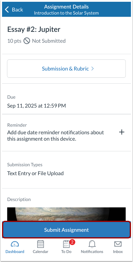 Submit from Assignment Details Page