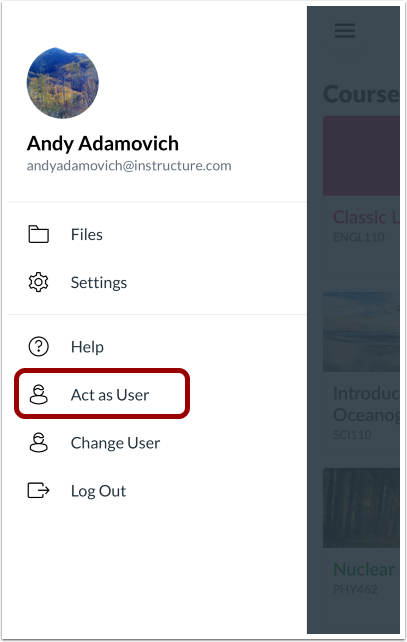 How do I act as a user in the Canvas app on my iOS device ...