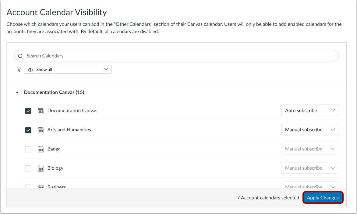 Apply Selected Account Calendars