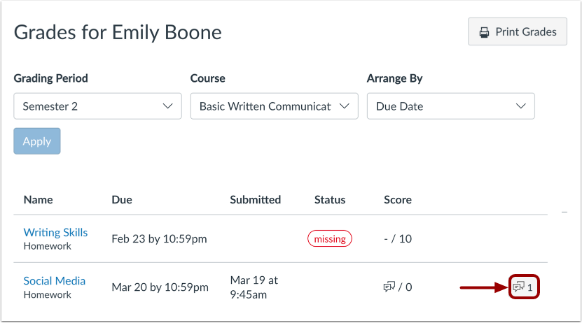 Open Course Grades Page