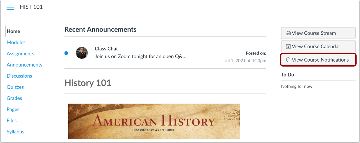 Open Notifications from Course Home Page