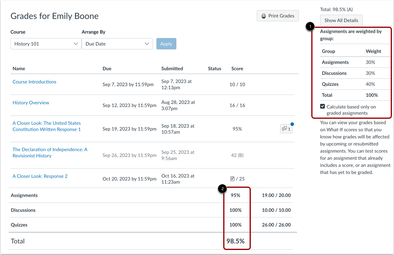 View Percentage Grade Calculation