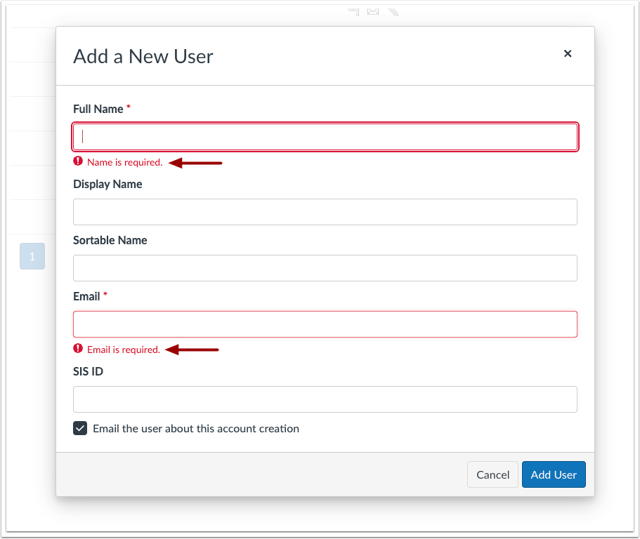 Add a New User error text