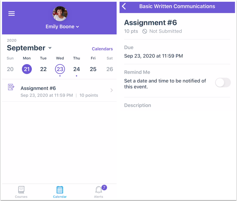 View Student Assignments and Events