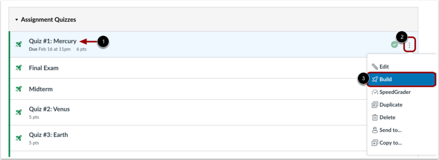 Quizzes Index page with a quiz, its Options icon, and Build link highlighted