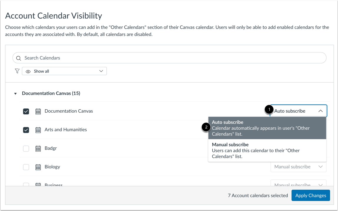 View Account Calendars Subscription Options