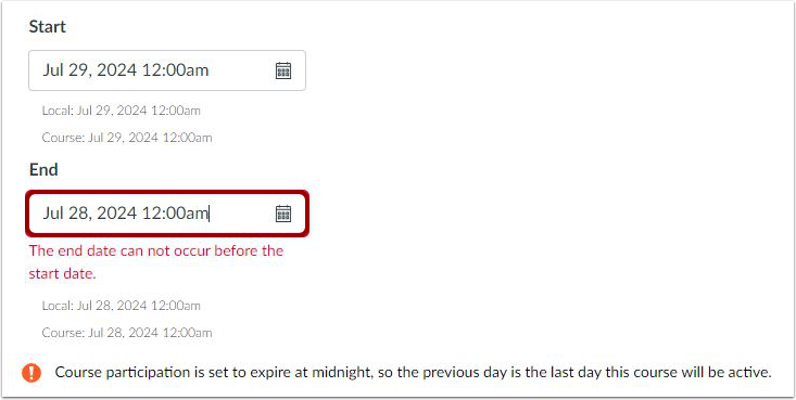View End Date Warning Message