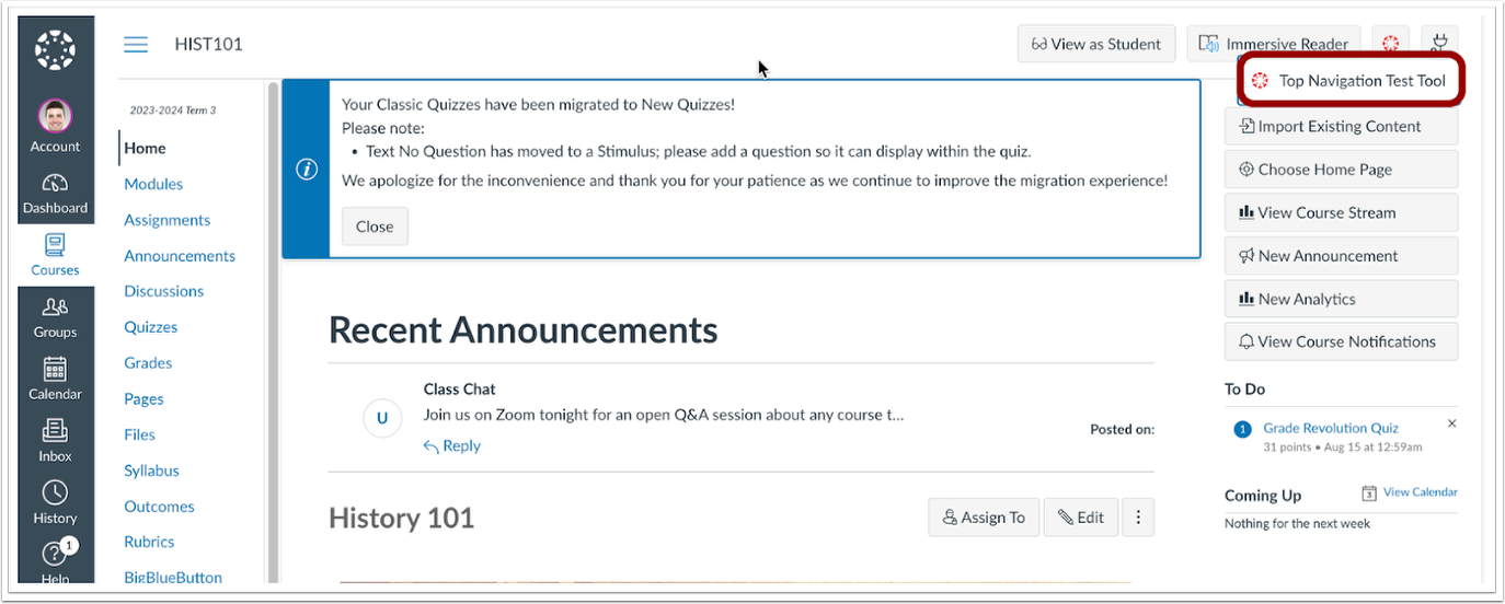 View LTI Tools Dropdown Menu