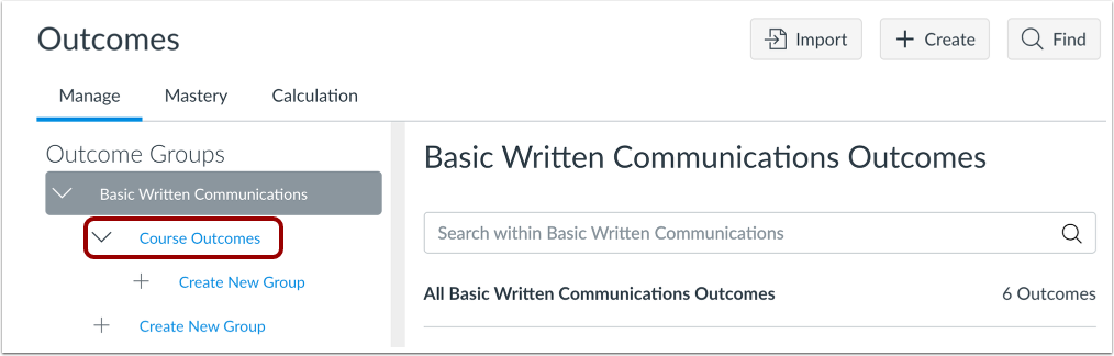 Select Outcome or Outcome Group